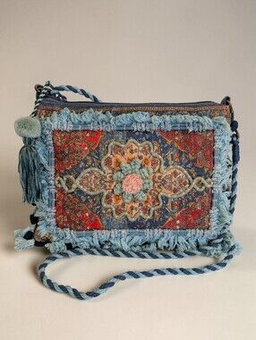 NWT Crosstree Lane Boho Embroidered Fringe Crossbody Bag Tassel Pom Pom Blue